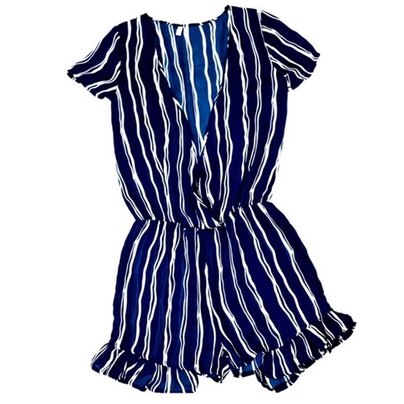 Pants - Blue & White Stripped Shorts Romper